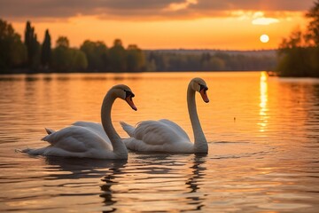 Fototapeta premium Two white swans. Romantic background. The romance of a white swan with a clear beautiful landscape. Generative AI