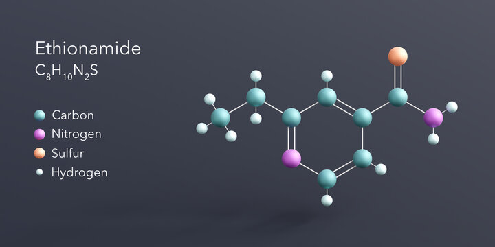 ethionamide molecule 3d rendering, flat molecular structure with chemical formula and atoms color coding
