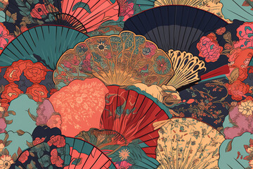 Folding fan seamless pattern. Traditional japanese paper fans. Generative AI - obrazy, fototapety, plakaty
