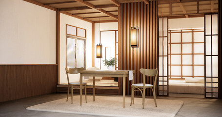 kitchen room dining table grey wall wood floor. 3d rendering