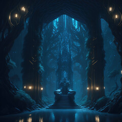 Alien World Tree Fortress Of Roots and Branches Interior Throne Room, Futuristic Fantasy Sci-Fi Scene,, Night Generative AI