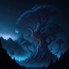 Alien World Tree Fortress Of Roots and Branches, Futuristic Fantasy Sci-Fi Scene,, Night Generative AI
