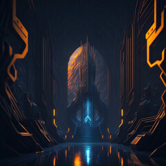 Futuristic Alien Mothership Hall, Flying Castle, Throne Room Interior Hallway, Dark with Lights Glowing, Generative AI