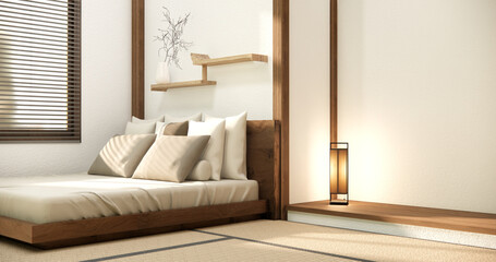 Fototapeta na wymiar Bed toom muji style Interior Design have sofa wabisabi and decoration japandi.