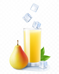 Pear juice. Fruit smoothie or yogurt. Summer refreshing drink with ice cubes and pear. A glass of Pear cocktail. Realistic 3D vector illustration