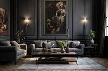 the dark living room is surrounded by wood and a couch Generative AI