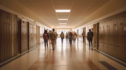 Hallway of a highschool with male and female students walking. Lights are on. View from the back. Education, students.