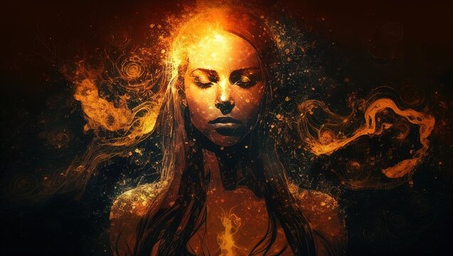 A beautiful face portrait of a powerful yogi woman who is a mistress of the elements fire and other a colorful picture painted with paints the black background