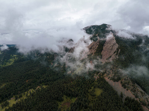 Aerial View of Chautauqua Park and the Flatirons in Fog, Boulder Colorado