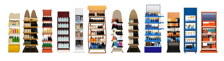 Sun cream point of sale rack. sun lotion, creams and oil products on Rack shelf at skincare store. Suitable for presenting new skincare products, new designs or labels.