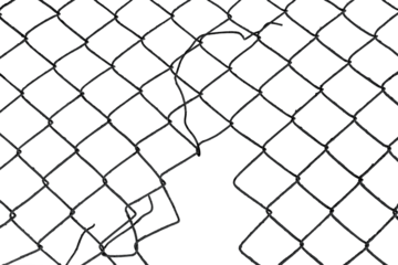 The texture of the metal mesh. Torn, destroyed, broken metal mesh on a white background. Grid