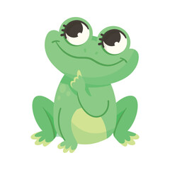 Cute Green Leaping Frog Character Sitting and Thinking Vector Illustration