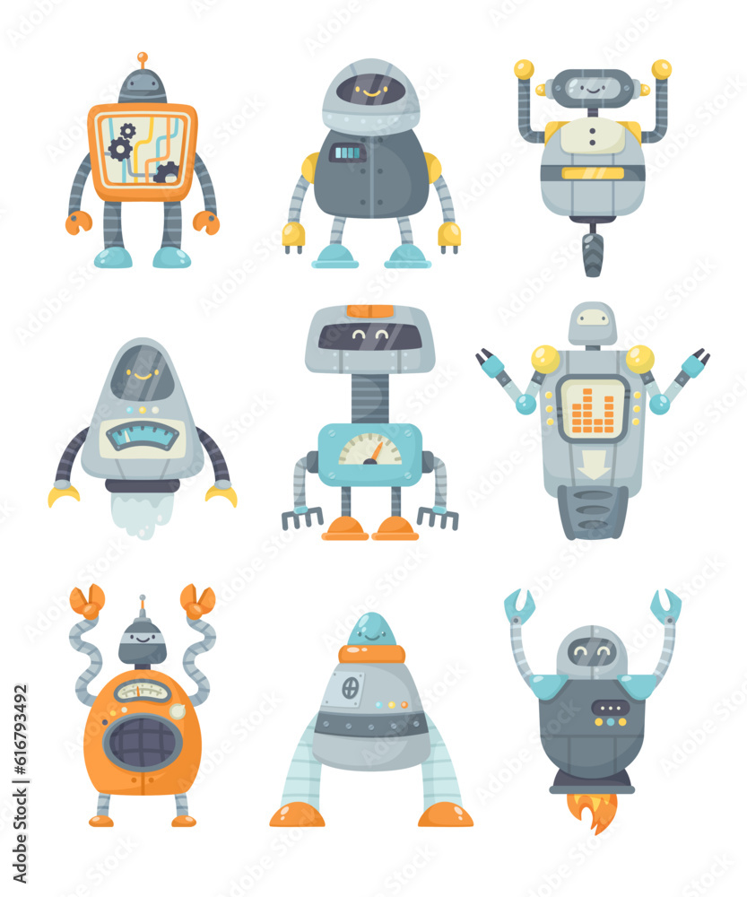 Poster happy funny robot metal characters with smiling face vector set