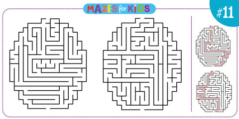 Maze puzzle set of labirynth for kids with solution. Vector
