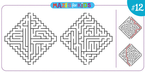 Maze puzzle set of labirynth for kids with solution. Vector
