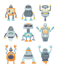 Happy Funny Robot Metal Characters with Smiling Face Vector Set
