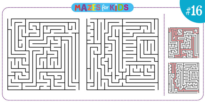 Maze puzzle set of labirynth for kids with solution. Vector
