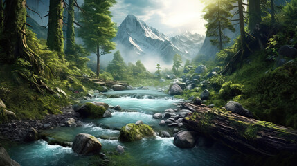 Naklejka na ściany i meble a beautiful epic illustration of an untouched place on earth in a forest, ai generated image