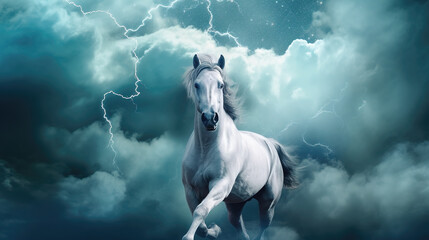 Obraz na płótnie Canvas a majestic white horse is running with thunder, wallpaper artwork, ai generated image