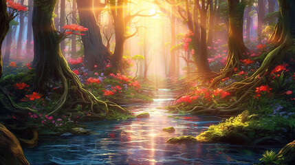 an anime forest with a small river, ai generated image