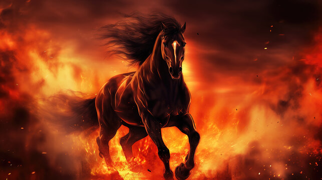 a black horse is running away from fire, wallpaper artwork, ai generated image