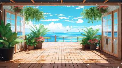 a place at the beach from a hotel room, anime artwork, ai generated image
