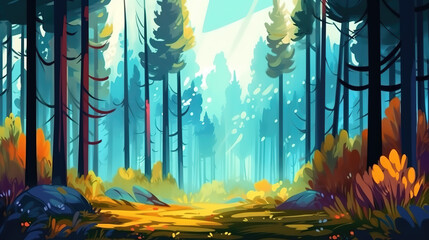 a cool peaceful cartoon illustration of a forest, ai generated image