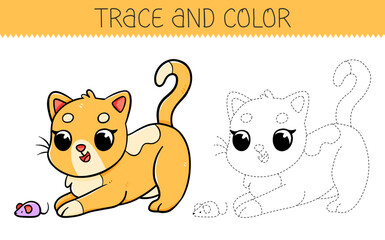 Trace and color coloring book with cute cat for kids. Coloring page with cartoon cat. Vector illustration.