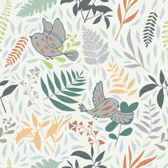 Seamless birds and floral doodle pattern
