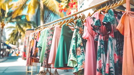 Fototapeta na wymiar fashion women's summer clothing , pink green tropical fabric beach casual dresses hanging in a row on a in shopping center,season moda
