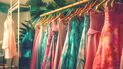 clothing for sale ,fashion women's summer , pink green tropical fabric beach casual dresses hanging in a row on a in shopping center,season moda