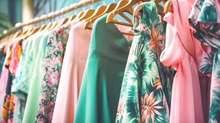 fashion women's summer clothing , pink green tropical fabric beach casual dresses hanging in a row on a in shopping center,season moda - 616794257