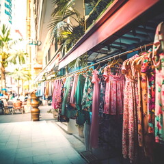 Naklejka na ściany i meble clothing for sale ,fashion women's summer , pink green tropical fabric beach casual dresses hanging in a row on a in shopping center,season moda