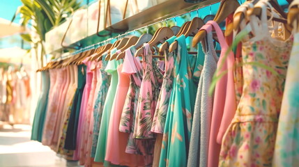 fashion women's summer clothing , pink green tropical fabric beach casual dresses hanging in a row on a in shopping center,season moda