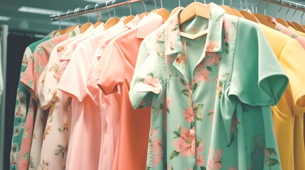 fashion women's summer clothing , pink green tropical fabric beach casual dresses hanging in a row on a in shopping center,season moda