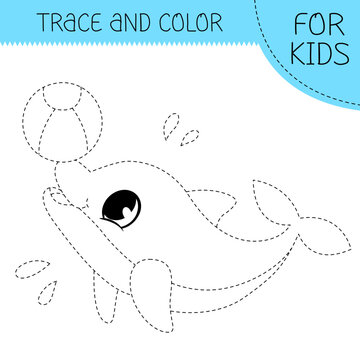 Trace and color coloring book with dophin with ball for kids. Coloring page with cute cartoon dolphin. Vector square illustration.