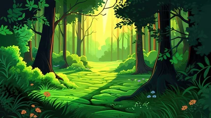 Fotobehang a cartoon inspired forest artwork, sun shining through, ai generated image © Sternfahrer