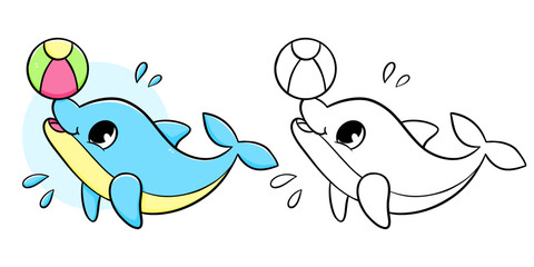 Dolphin with ball coloring book with coloring example for kids. Coloring page with dolphin. Monochrome and color version. Vector children's illustration.