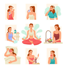 Girl Support Immunity Engaged in Daily Healthy Activity Vector Set