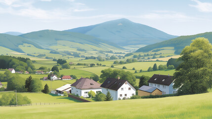a modern anime looking mountain town illustration, ai generated image