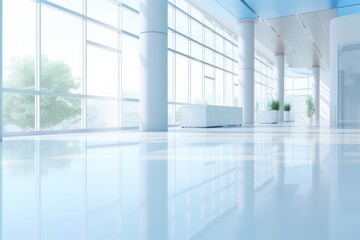 Serene panoramic setting: A light blurred background featuring the hall of an office or medical institution. Panoramic windows and a perspective view add depth, Generative AI