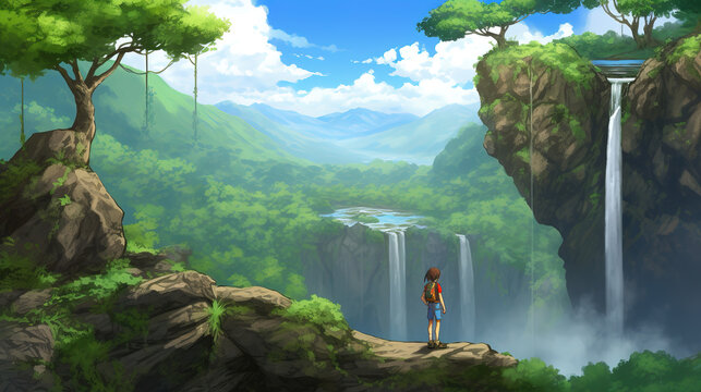 an adventurer in the forest watching a beautiful waterfall, anime manga artwork, ai generated image
