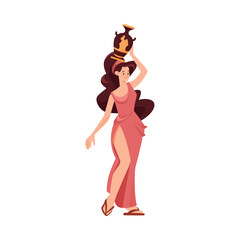 Roman or Greek Girl in Antique Clothes and Sandals Standing with Amphora Vector Illustration