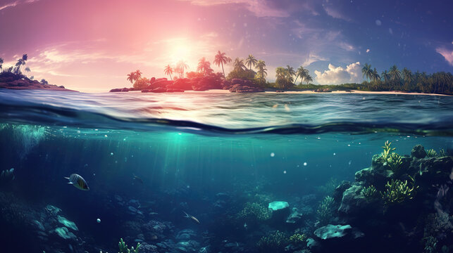 an epic sunset beach illustration with a view half under water, ai generated image