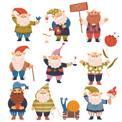 Funny Gnome Characters with Beard and Pointed Hat in Garden Vector Set