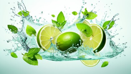 Fototapeta na wymiar Water splash on white background with lime slices, mint leaves and ice cubes