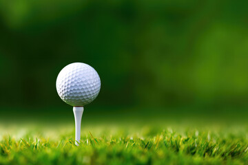Macro shot of a Golf ball on tee ready to play, Close up in grass field