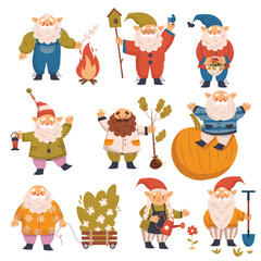 Funny Gnome Characters with Beard and Pointed Hat in Garden Vector Set