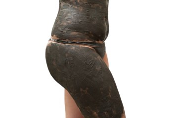 Mud spa procedure, woman applying cosmetic clay body mask, anti cellulite skincare concept