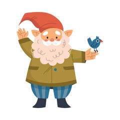 Funny Gnome Character with Beard Stand with Little Bird and Waving Hand Vector Illustration